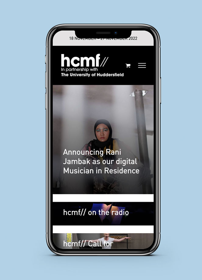 hcmf// website mockup on iPhone